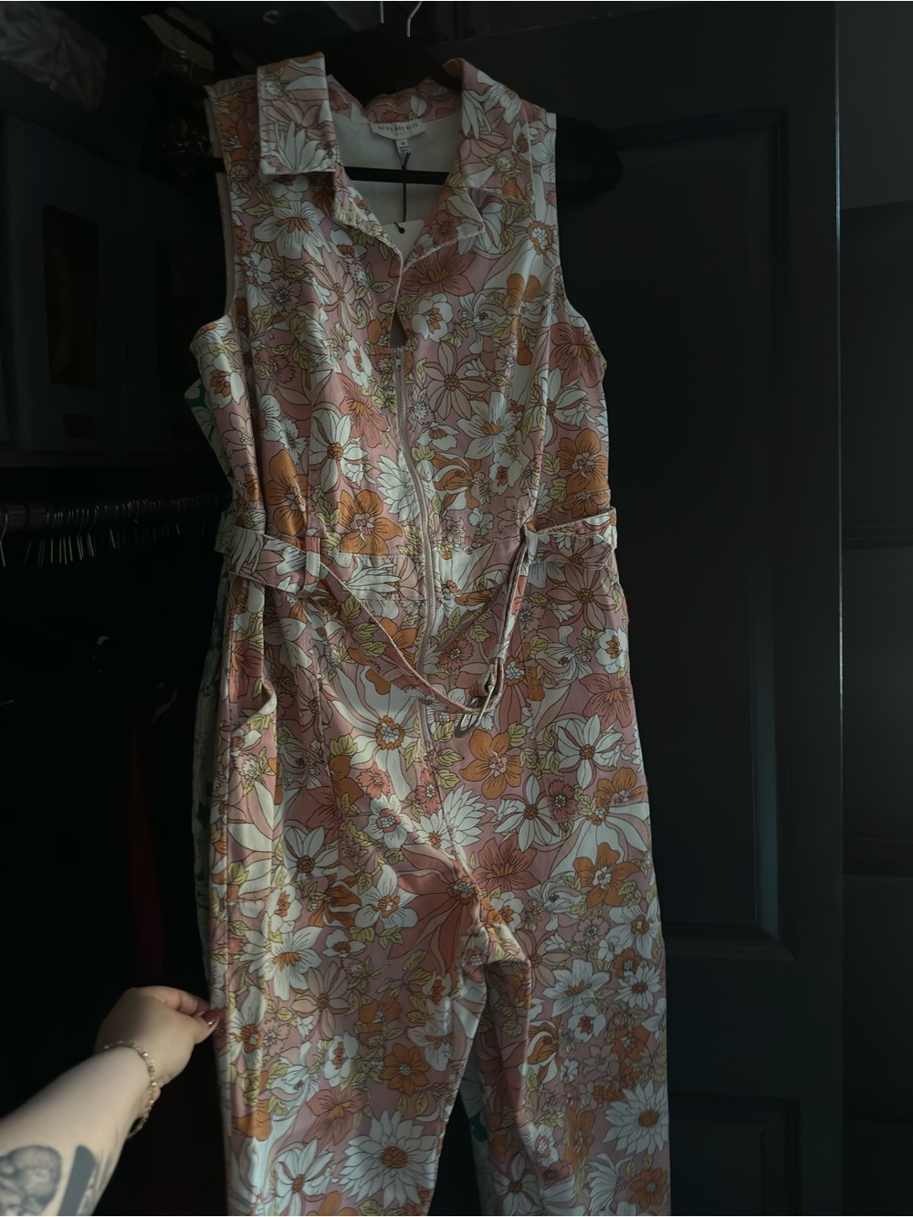 Sleeveless Pink Floral Jumpsuit Dress with Belt